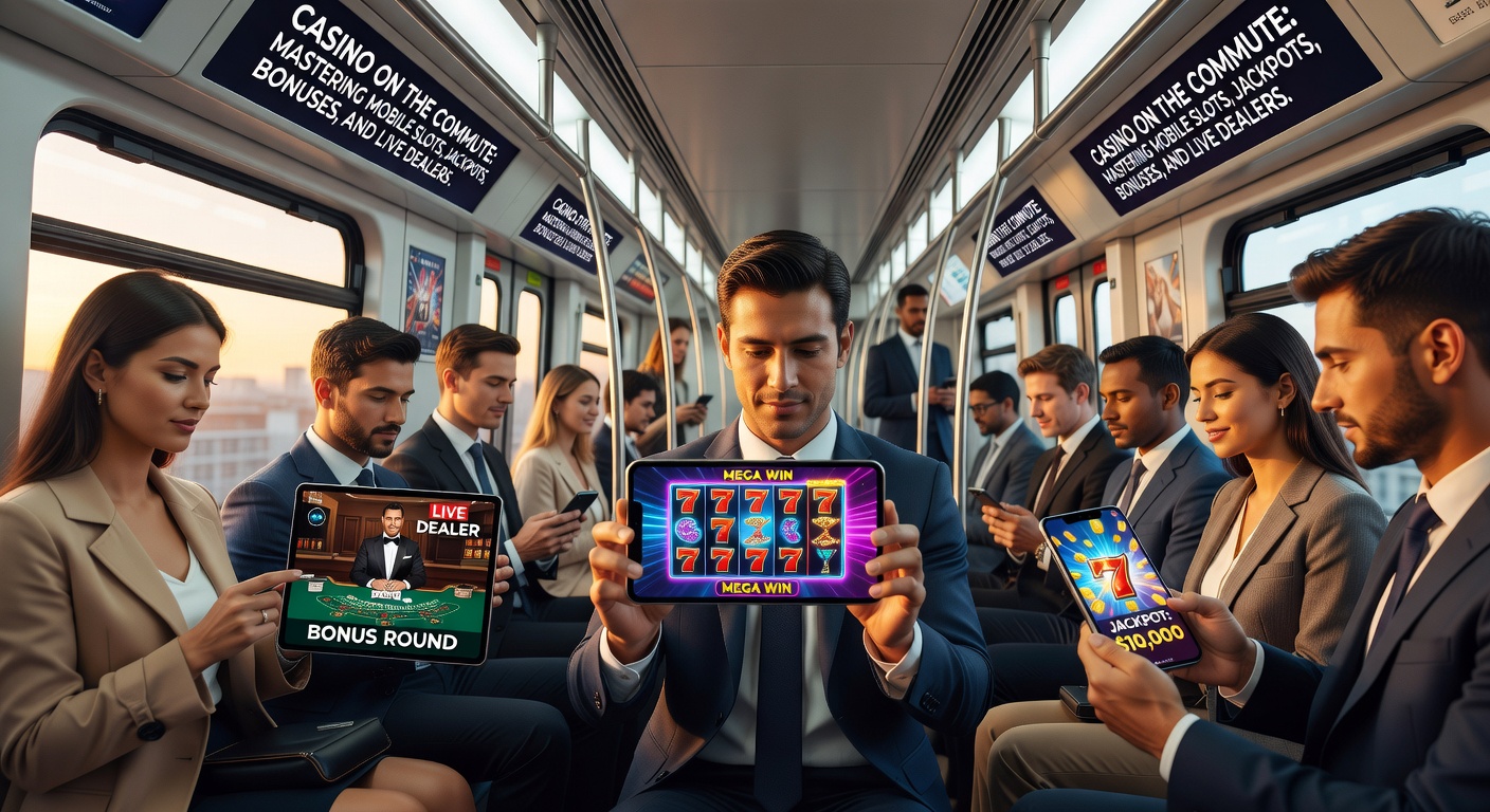 A commuter on a train tapping into mobile slots, with vibrant game screens reflecting jackpot symbols and live dealer tables in the background