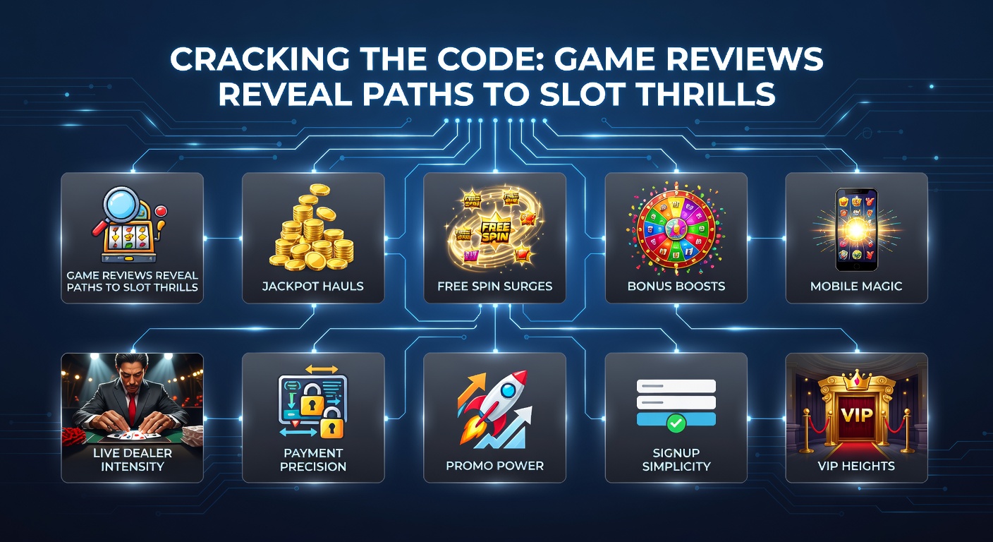 Vibrant slot machine reels spinning with jackpot symbols aligning, surrounded by glowing review icons and casino elements