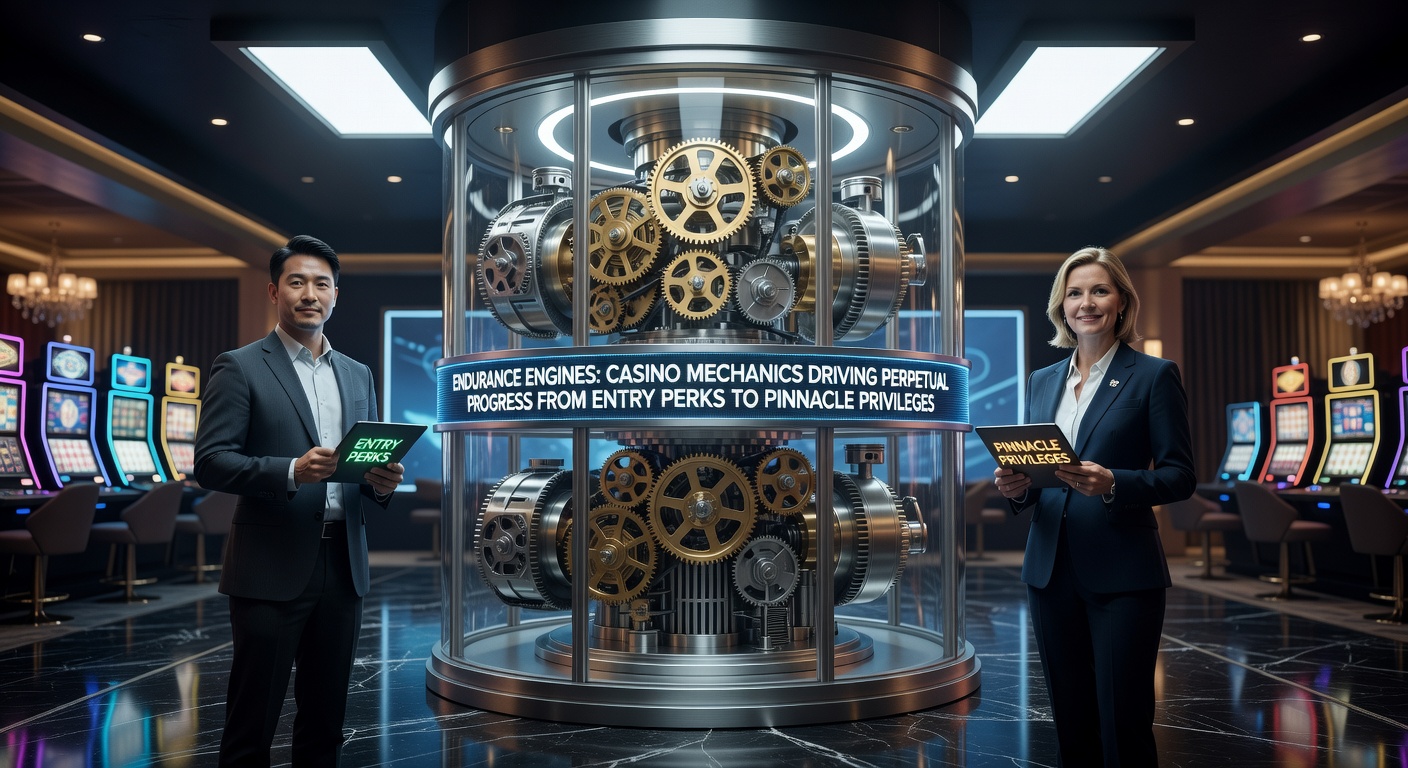 Graphic illustrating layered casino loyalty tiers rising from basic entry levels to elite pinnacle status with engine-like gears symbolizing sustained progression mechanics