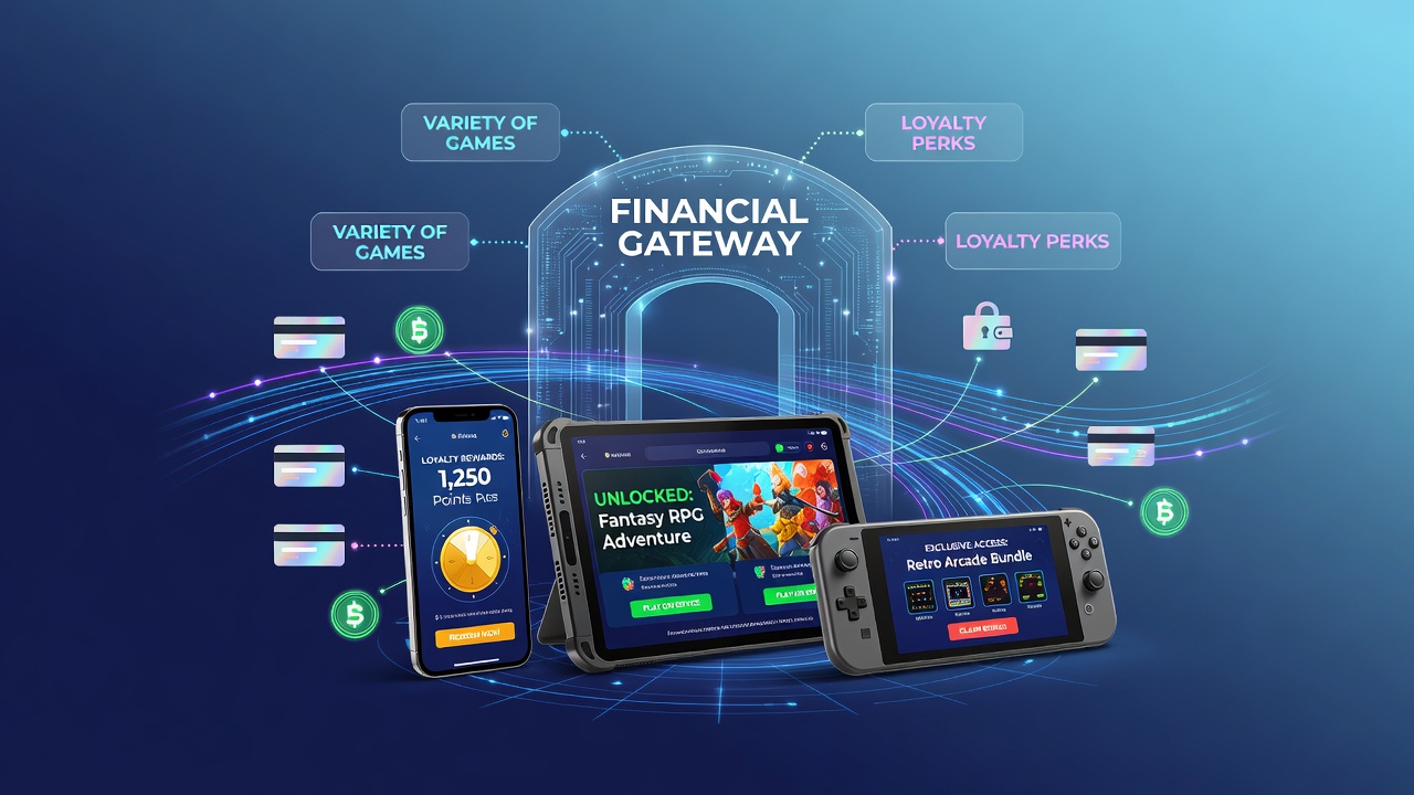 Mobile device displaying secure financial gateway interface connected to gaming applications