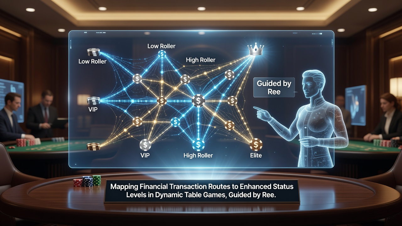 Flowchart illustrating reel assessment metrics guiding transaction routes toward VIP status elevation in table games