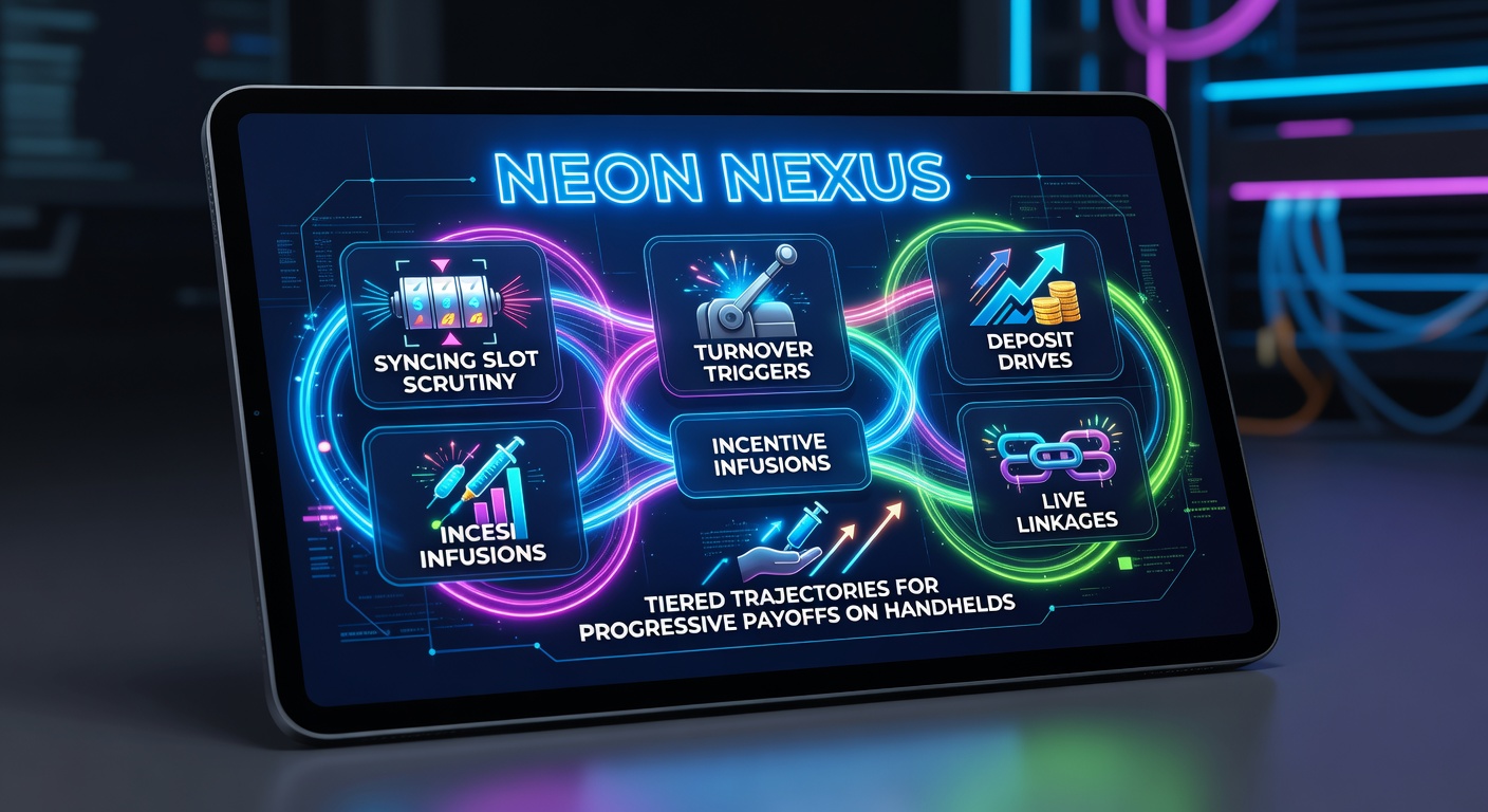 Vibrant neon-lit mobile screen displaying interconnected slot reels, progressive jackpot counters, and live dealer feeds syncing in real-time on a handheld device