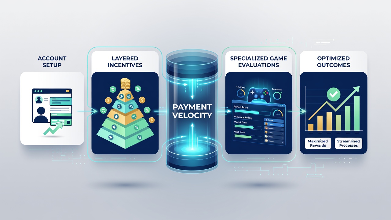Infographic showing progression from game evaluations to exclusive table access based on payment velocity metrics