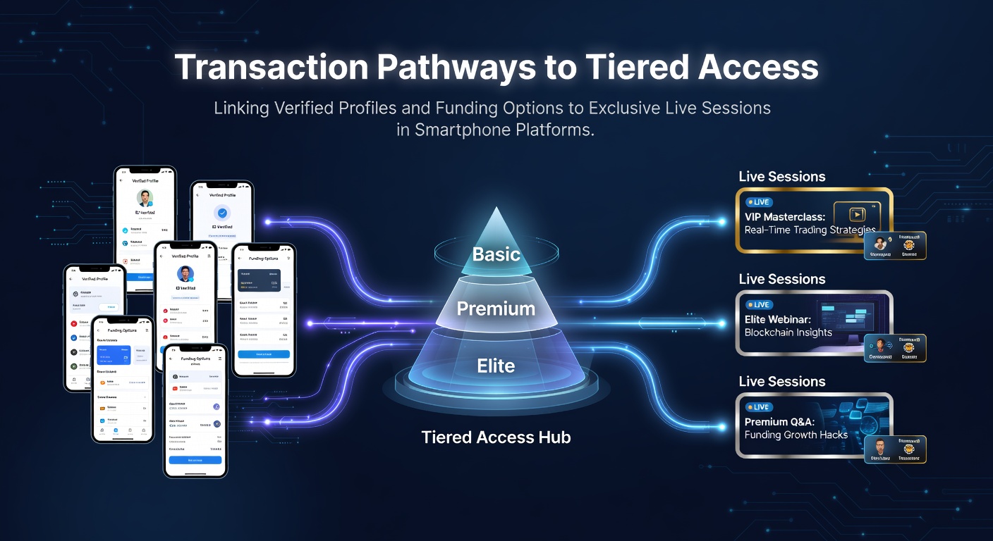 Illustration of verified user profiles connecting through secure transaction pathways to tiered mobile app access levels