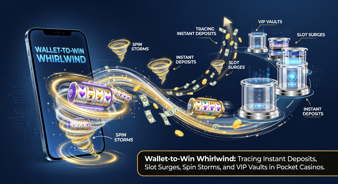 Vibrant graphic showing a mobile wallet transforming into a whirlwind of slot symbols, spins, and VIP keys in a pocket casino interface