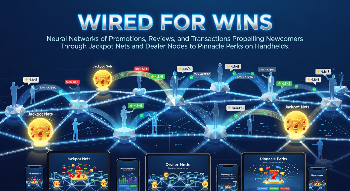 Illustration of interconnected neural pathways representing casino promotions, reviews, transactions, jackpots, live dealers, and VIP rewards on mobile devices
